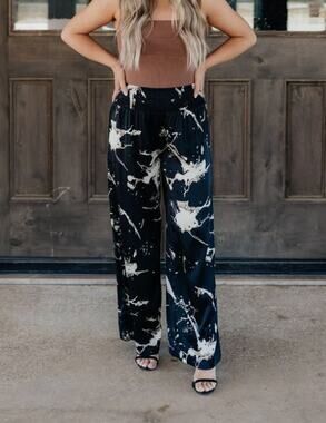 BEFORE YOU Pants XS Black Satin Marble Wide Leg Pocket Shirred Waist